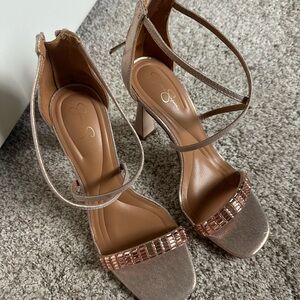 Jessica Simpson Arindel Rose Gold Strappy Heels with Crystal Accent
